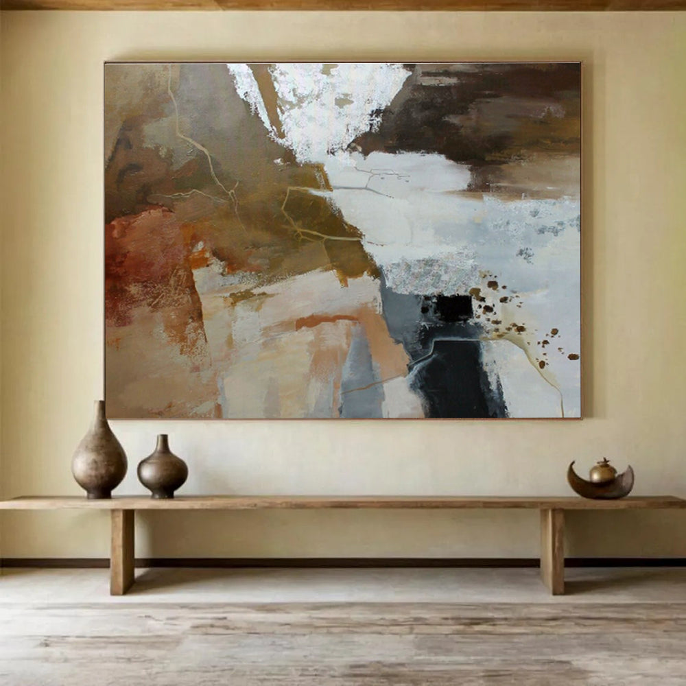 Brown, White, and Gold Abstract “Earthy Luxe Abstraction” Painting On Canvas DKH133