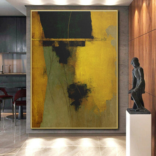 Gold, Green & Brown Abstract Forms, “Earthy Elegance” - Mixed - Media Abstract Painting CT0754