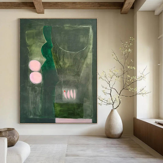 Green, Grey, Pink Accents - "Mystic Stillness" - Abstract Surrealist Painting CT1846