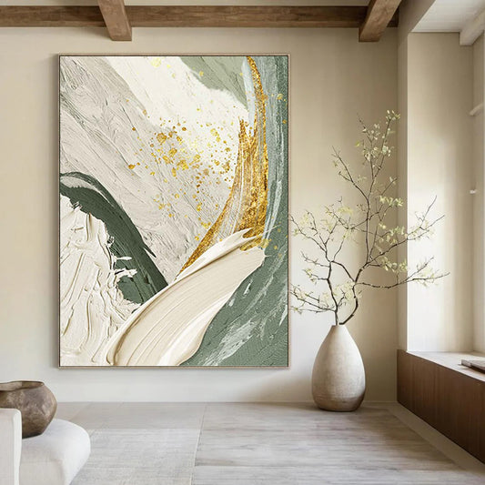 Green, White, and Gold Abstract - Abstract Painting On Canvas DKH1495