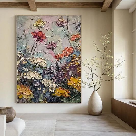 “Textured Colorful Flower Garden” – Impasto Floral Oil Painting On Canvas CT2142