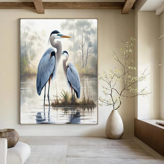 “Blue Herons in Misty Wetland” – Realistic Bird Oil Painting On Canvas CT2129