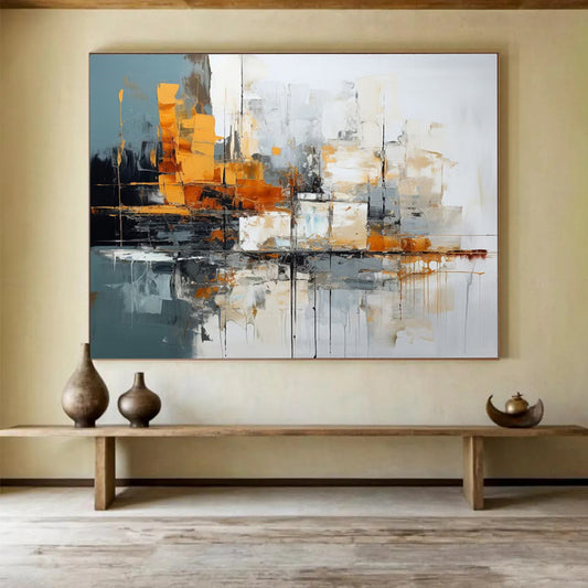 “Gray, Orange, White Urban ‘Cityscape Rhythm’” - Abstract Cityscape Painting On Canvas DLZ002