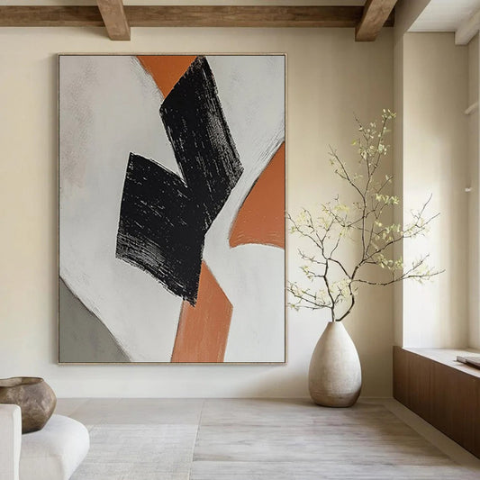 “Black - Orange Geometric Shapes” - Minimalist Abstract Painting On Canvas DTP111