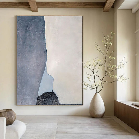 “Geometric Calm” - Gray, White & Light Blue Abstract Shapes Painting On Canvas DKH1539