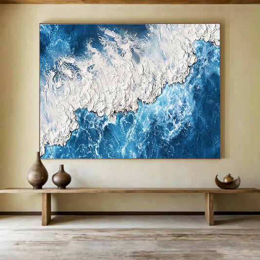 “Textured Blue and White Coastline” - Impressionistic Seascape Painting On Canvas DKH785
