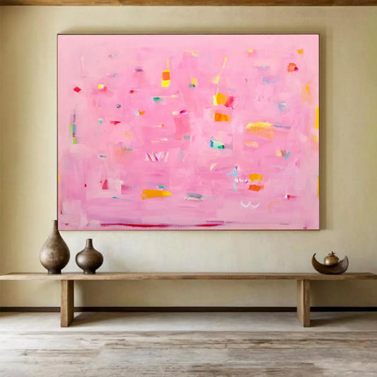 Pink Abstract with Colorful Accents - Playful Shapes and Soft Hues Painting On Canvas DKH051