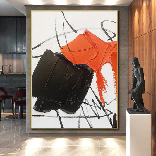 “Orange - Black - White Dynamic Strokes” ,Abstract Acrylic Painting CT0786