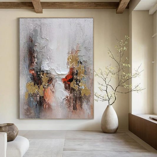 “Gilded Impasto” - Gray, Gold & Red Textured Abstract Painting On Canvas DKH1168