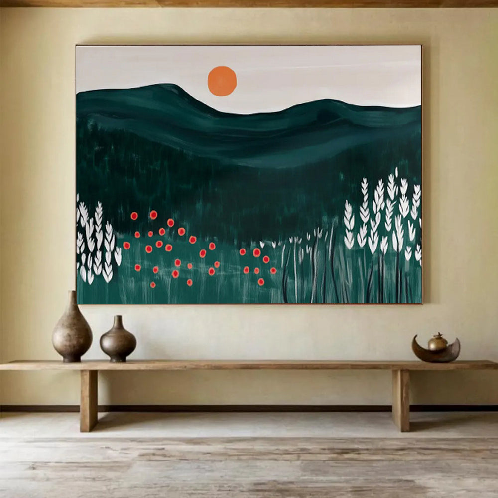 Minimalist Mountain Sunset Folk - Art Painting On Canvas DKH224