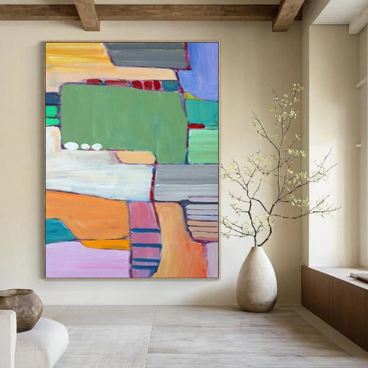 “Color - block Paradise - Green, Orange, Pink Geometric Abstraction” Painting On Canvas DTP262
