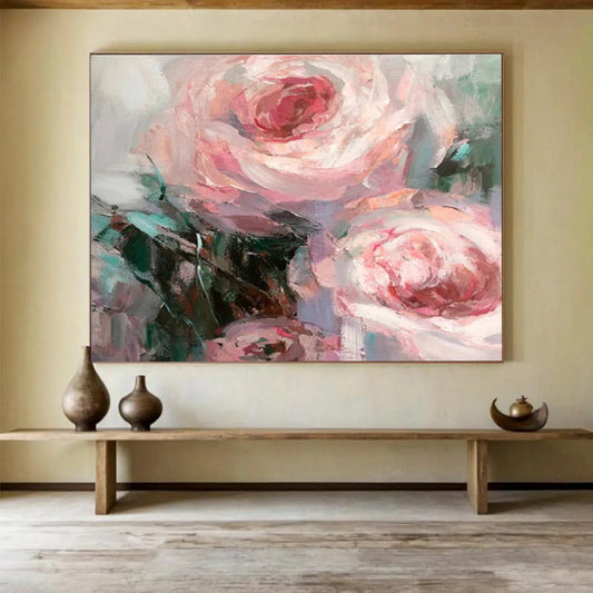 “Blush Rose Impasto” - Pink, White, Green Floral Oil Painting On Canvas DKH724