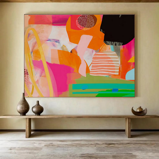 Playful Shapes Carnival Pink Orange Colorful Fun Shapes Painting On Canvas DKH205