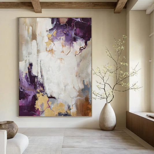“Purple, Gold & White Abstract” - Purple, Gold & White Opulent Painting On Canvas DKH1009
