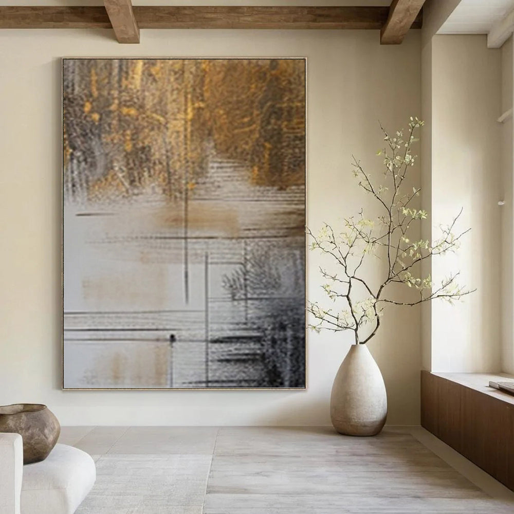 “Brown, Gold & Black Line - Mixed Abstract” Painting On Canvas DKH0980