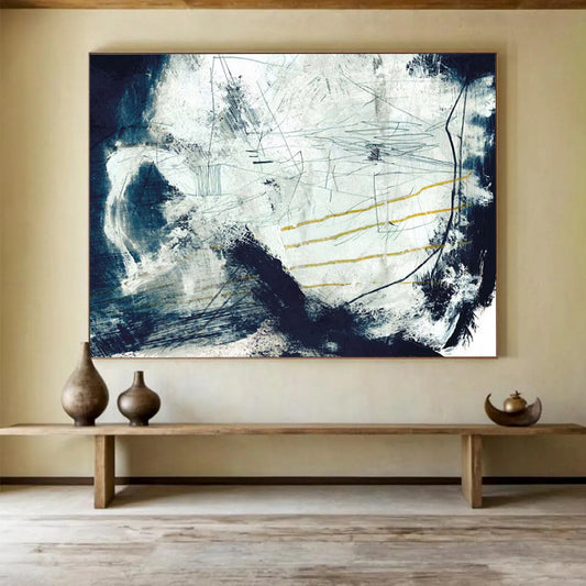 “Blue - White Abstract with Yellow Accents” Abstract Expressionist Painting On Canvas DLZ141