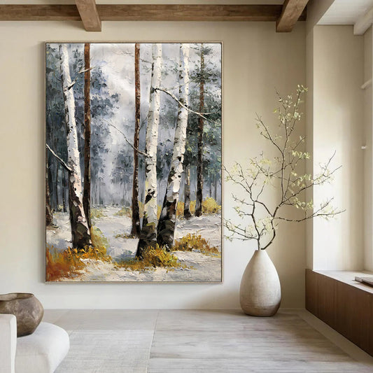 Snowy Birch Forest in Gray and White - Landscape Painting On Canvas DKH1276