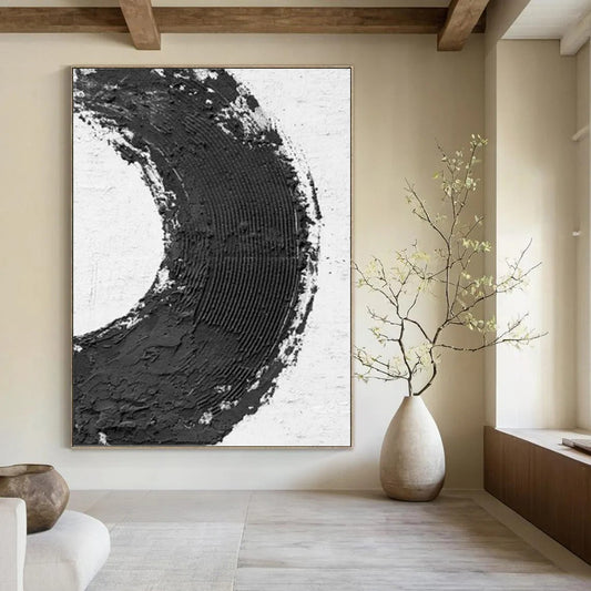“Bold Black - White Circle” - Minimalist Textured Painting On Canvas DKH1675