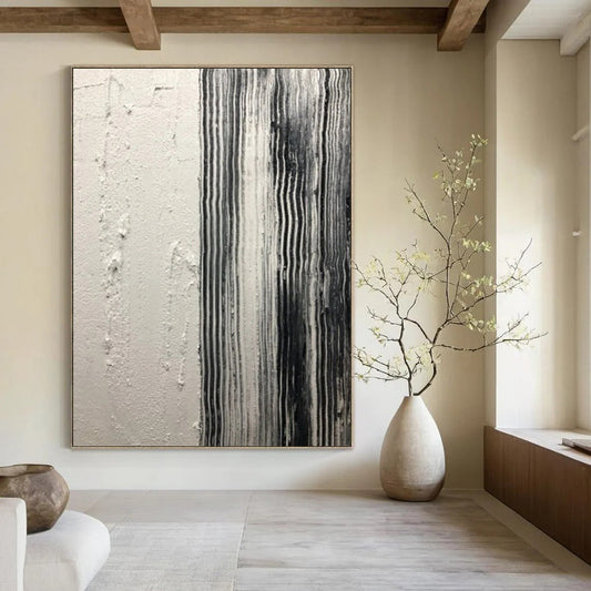 “White, Black Textured Stripes ‘Industrial Calm’” - Impasto Abstract Painting On Canvas DTP382