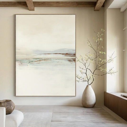 “Neutral Tones Seaside” - Beige, Blue, Green Abstract Landscape Painting On Canvas DTP224