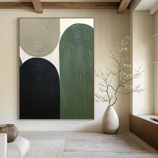 “Nature's Arches” - Beige, Black & Green Ribbed Shapes Painting On Canvas DKH1167