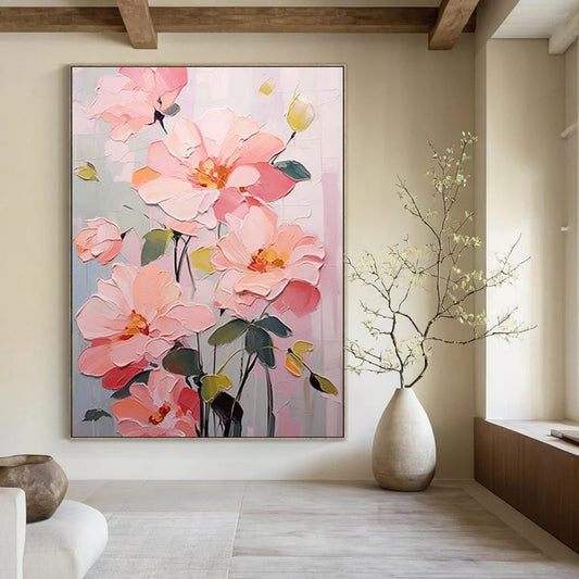 “Blush Blooms: Textured Floral Acrylic on Canvas” - Impasto Botanical Art CT1905