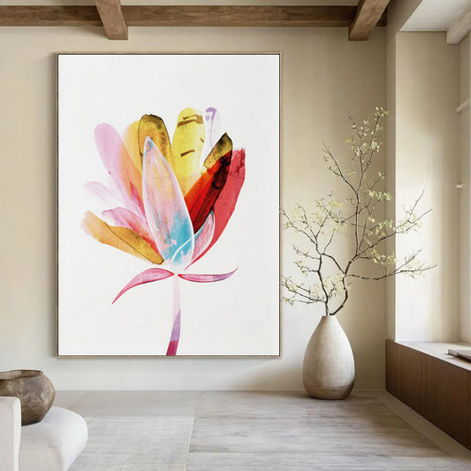 “Vibrant Watercolor Flower” - Pink, Yellow, Blue Watercolor Painting On Canvas DTP215