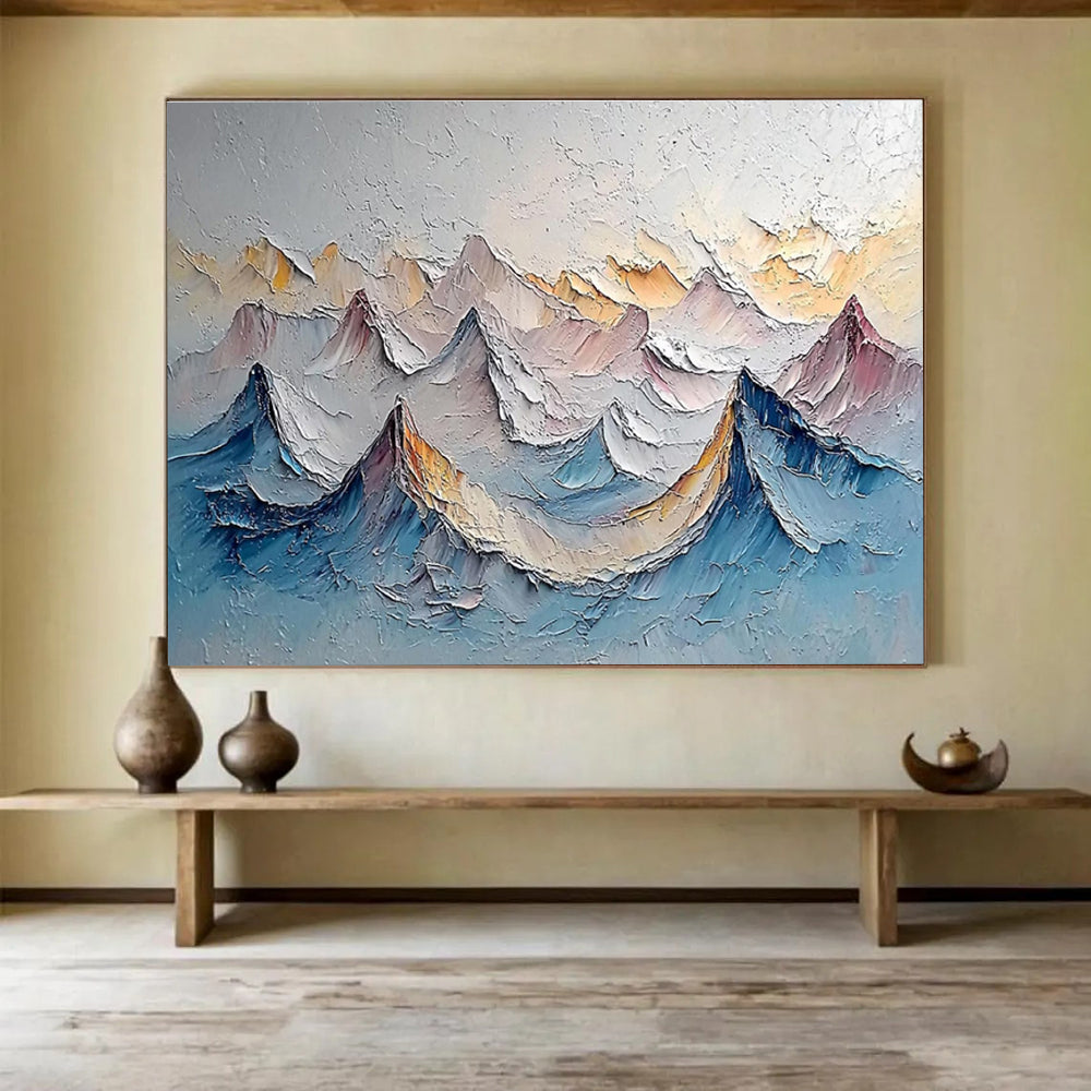 Layered Mountain Peaks - Gray, Blue & Yellow Landscape Painting On Canvas DKH902