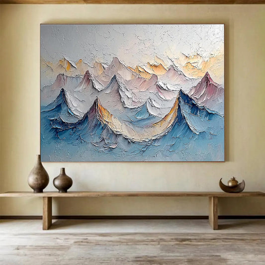 Layered Mountain Peaks - Gray, Blue & Yellow Landscape Painting On Canvas DKH902