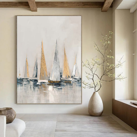 Gold and Silver Sailboats on Gray Water - Nautical Painting On Canvas DKH1416