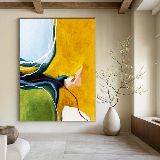“Color Block Abstract - Yellows, Greens, and Intricate Lines” Painting On Canvas CT2387