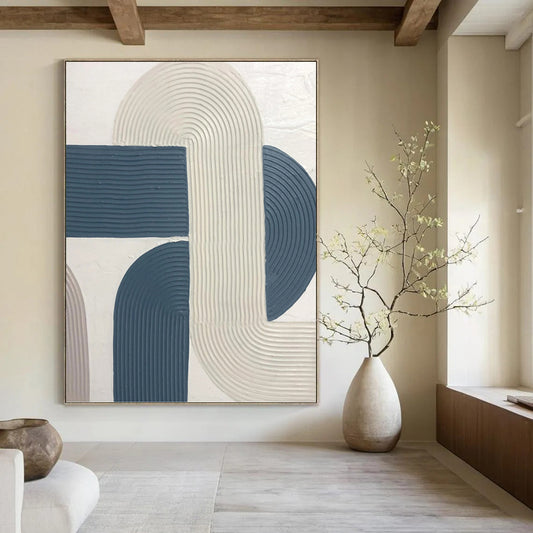“Curved Harmony” - White & Blue Ribbon - like Shapes Painting On Canvas DKH1163