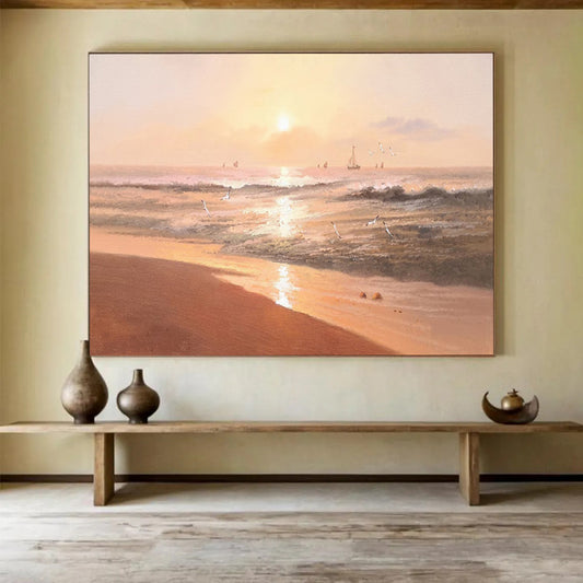 “Sunset Beach Serenade” - Orange, Pink & Gold Romantic Seascape Painting On Canvas DLZ264