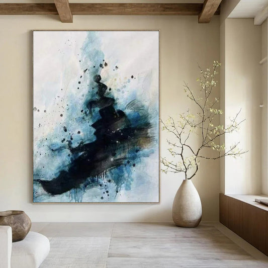 Black, Blue & White Splattered Ink Vibe - Abstract Painting On Canvas CT2306