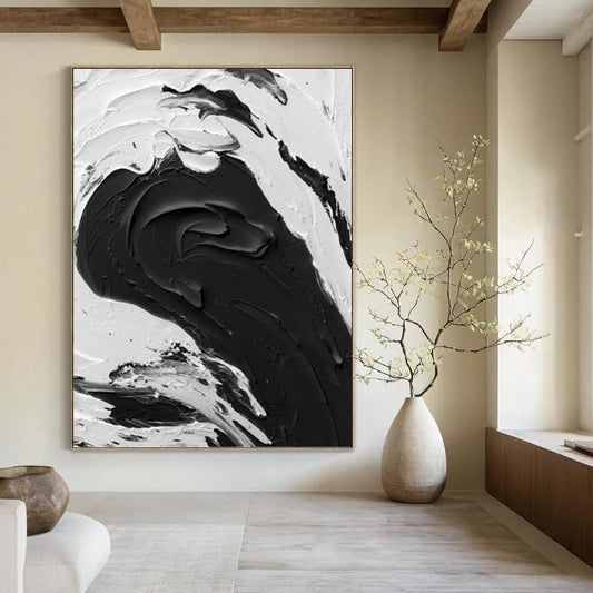 “Dynamic Black - White Wave Impasto” - Abstract Seascape - Inspired Painting On Canvas DKH1679