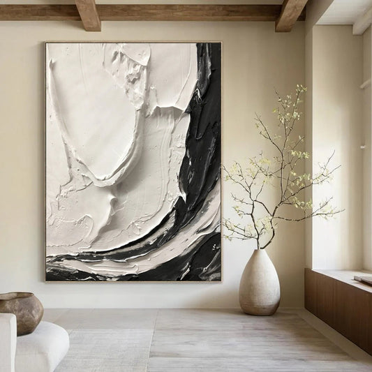 “White, Black Textured Swirls ‘Tactile Harmony’” - Impasto Abstract Painting On Canvas DTP387