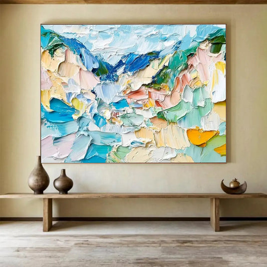 “Color - Blocked Impasto Mountains” - Abstract Landscape Painting On Canvas DKH804