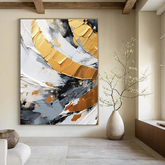 Black - White Gold Swirl - Abstract Impasto Oil Painting CT1243