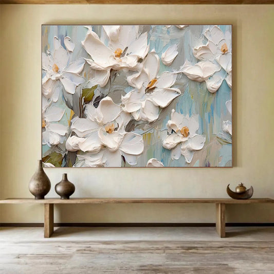 Textured White Floral Painting On Canvas DKH686