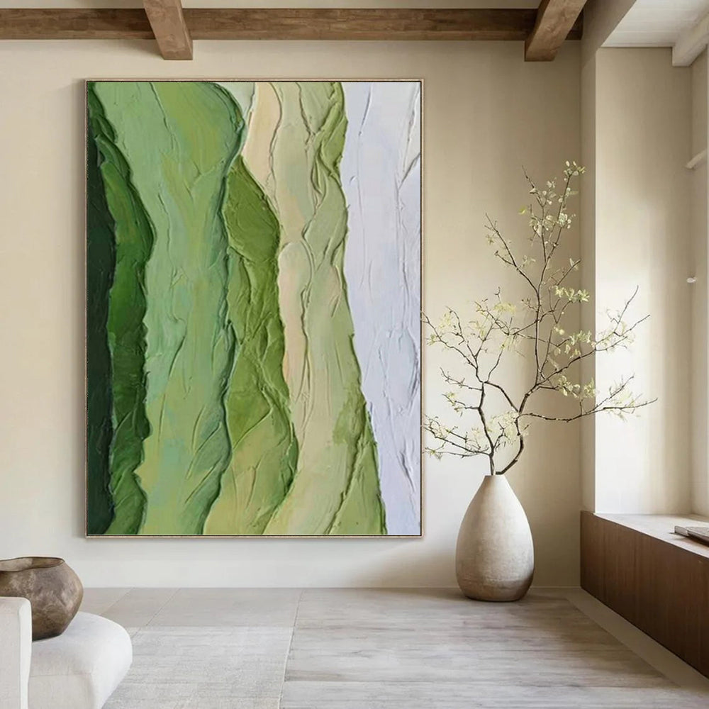 “Green Textured Ridges” - Green & White Impasto Abstract Painting On Canvas DKH1196