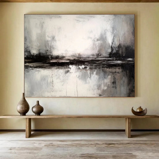 Black and White Abstract Landscape “Moody Monochrome Horizon” Painting On Canvas DKH153