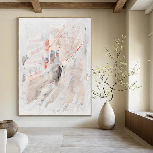 “Subtle Whispers” - White, Gray, Pink & Blue Abstract Washes Painting On Canvas DKH1530