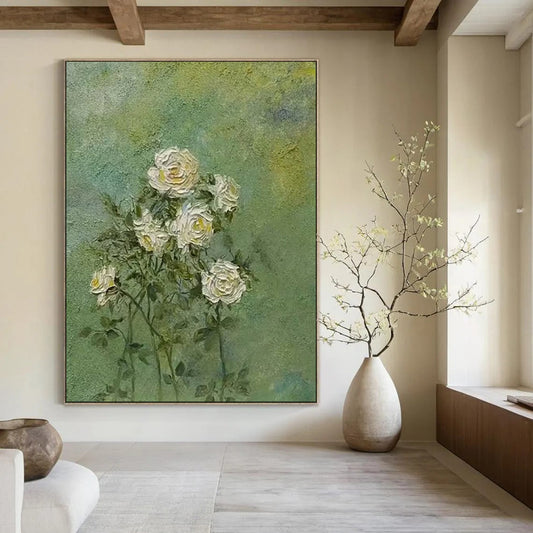 “White Roses on Green” - Textured Floral Painting CT1987