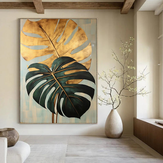 “Gilded Monstera Leaves” - Gold & Green Monstera Leaves Painting On Canvas CT2195
