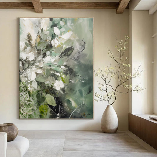 “Green - Toned Floral Abstraction” - Soft Flower Bouquet Painting On Canvas DKH1086