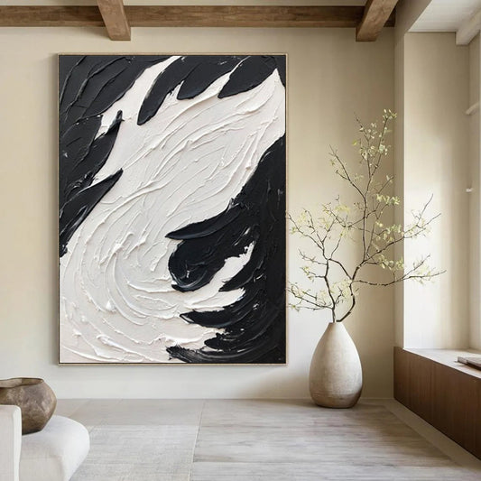“Black, White Swirl ‘Tactile Tempest’” - Abstract Impasto Painting On Canvas DTP398