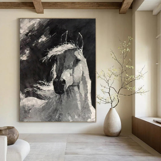“Monochrome Gallant Steed” - Black and White Horse Head Painting On Canvas CT2183