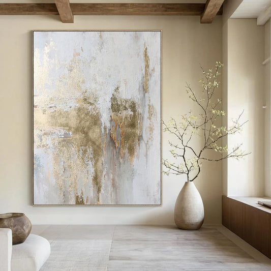 “White & Gold Abstract Textures” - White, Gold & Gray Minimalist Painting On Canvas DKH1006