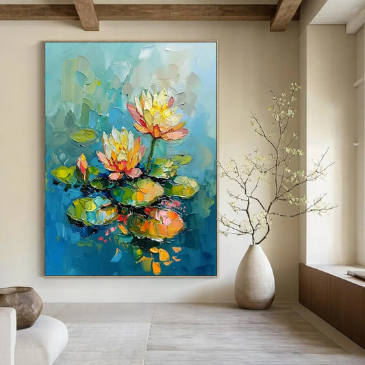 “Water Lilies” - Colorful Impasto Floral Painting On Canvas CT2240