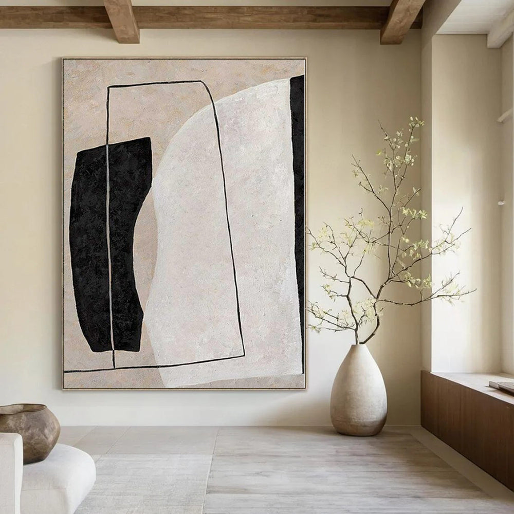 “Beige, Black, and White Geometric Composition” – Minimalist Geometric Painting(Variation) CT1123